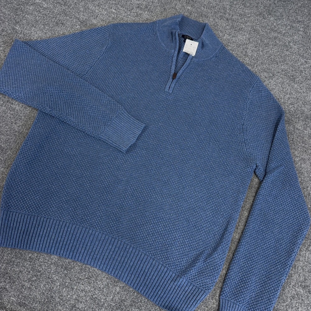 J.CREW Sweater Men XL Blue Pique Half Zip Soft Cotton 1/4 1/2 Waffle Knit NEW